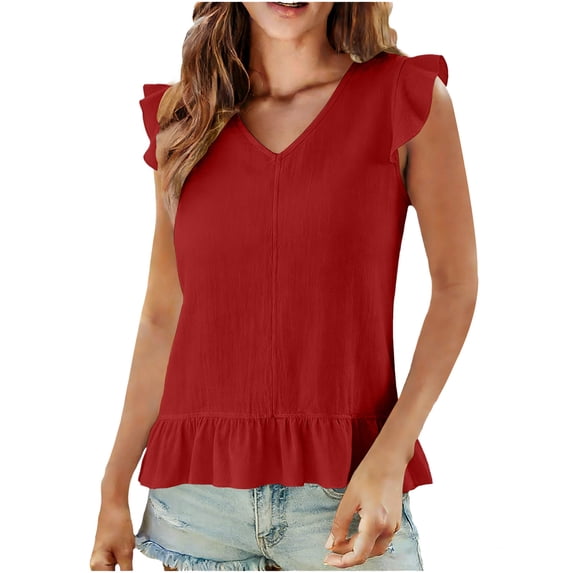 Womens Cute V Neck Ruffle Sleeveless Shirts Elegant Tank Tops Blouses Pleated Hem Casual Solid Color Tees Red