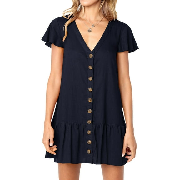 Womens Cute V Neck Short Sleeve Loose Fit Ruffle Mini Dress
