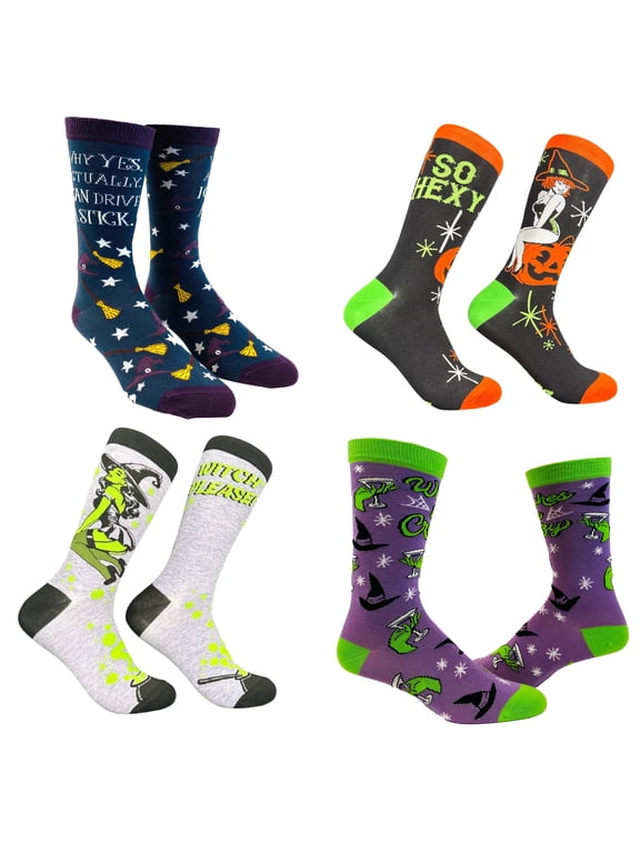 Womens Cute Witch Socks Bundle 4 Pack Socks With Funny Graphics for Ladies