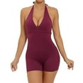 thumbnail image 1 of Womens Cute Workout Rompers Halter V Neck Backless Unitard Bodysuit Shorts One Piece Gym Yoga Outfits Jumpsuits (Large, Purple), 1 of 7
