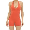thumbnail image 1 of Womens Cute Workout Rompers Halter V Neck Backless Unitard Bodysuit Shorts One Piece Gym Yoga Outfits Jumpsuits (Small, Orange), 1 of 5