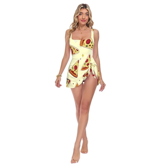 Womens Cute Yellow Pizza Pattern Print 2-in-1 Swim Dress Detachable Skirt One-Piece Swimsuit Square Neck S-XXL