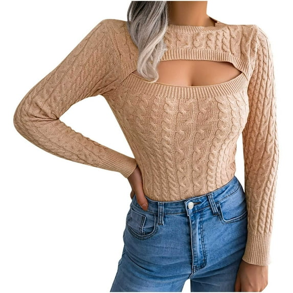 Womens Cutout Front Tops Long Sleeve Slim Fit Knitted Sweater Solid Color Round Neck Sweater Tee Shirts