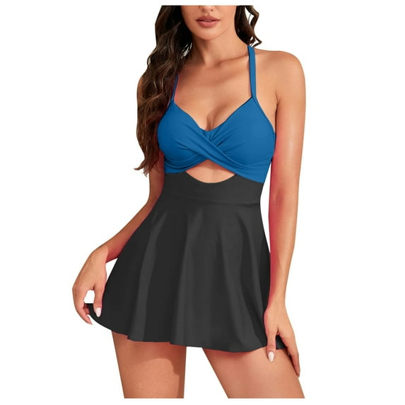 Womens Cutout One Piece Skirt Swimsuit Modest V Neck Tie Back Swimdress Tummy Control Bathing Suits with Bikini Short