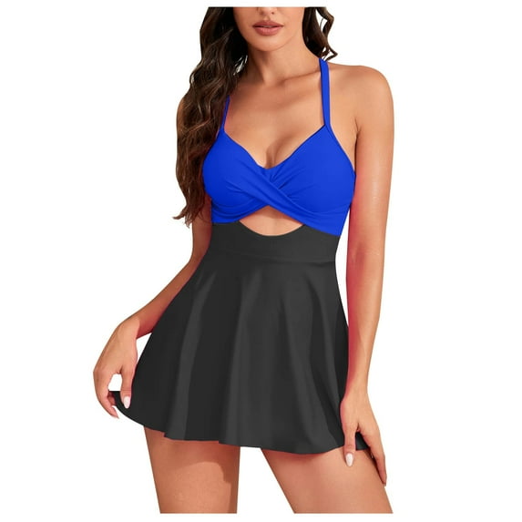 Womens Cutout One Piece Skirt Swimsuit Modest V Neck Tie Back Swimdress Tummy Control Bathing Suits with Bikini Short