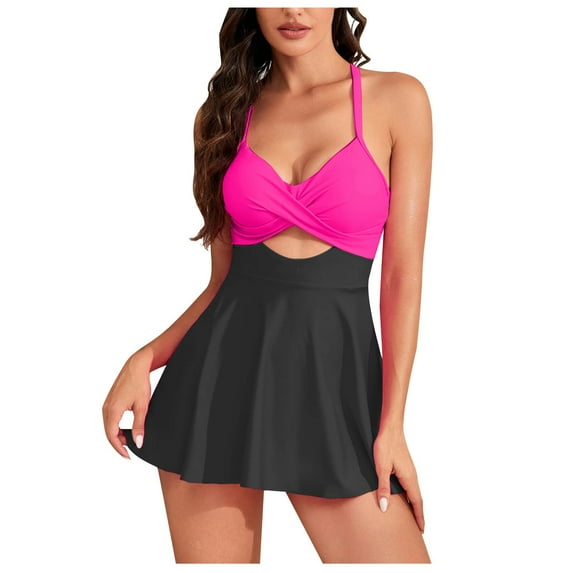 Womens Cutout One Piece Skirt Swimsuit Modest V Neck Tie Back Swimdress Tummy Control Bathing Suits with Bikini Short