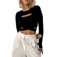 thumbnail image 1 of Womens Cutout Tops Basic Long Sleeve Round Neck Slim Fit T-Shirts Black S, 1 of 9