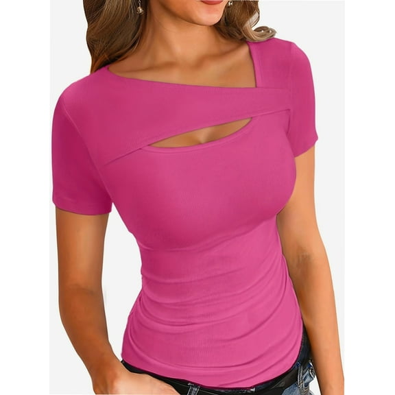 Womens Cutout Tops Fashion Sexy Short Sleeve Lightweight Slim Fitted Tops Tshirts