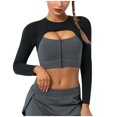 thumbnail image 1 of Womens Cutout Workout Crop Tops Zipper Front Long Sleeves Yoga Shirts Color Block Stretch Slim Fit Gym Athletic Sports Shirts, 1 of 5