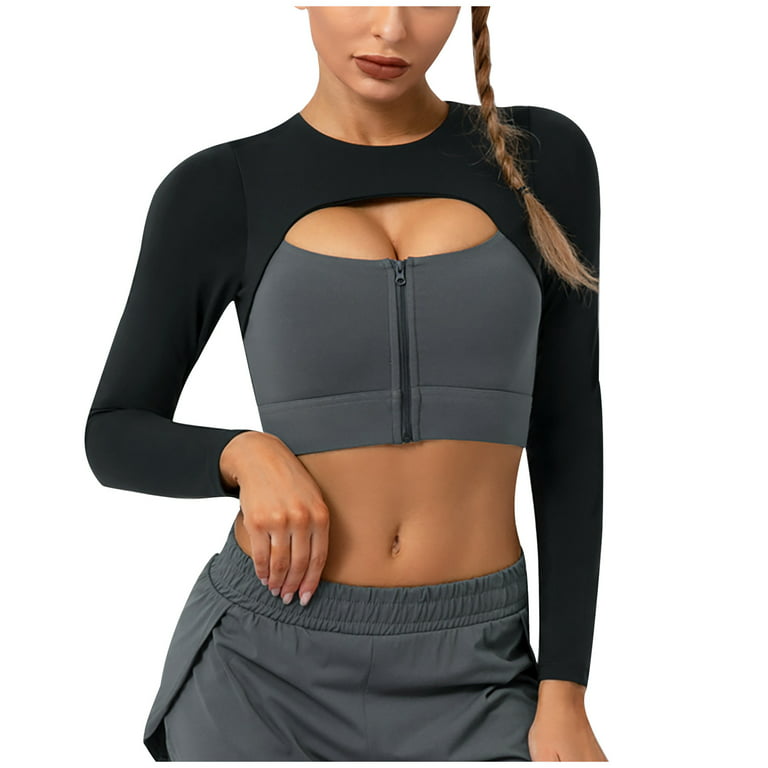 Womens Cutout Workout Crop Tops Zipper Front Long Sleeves Yoga Shirts Color  Block Stretch Slim Fit Gym Athletic Sports Shirts