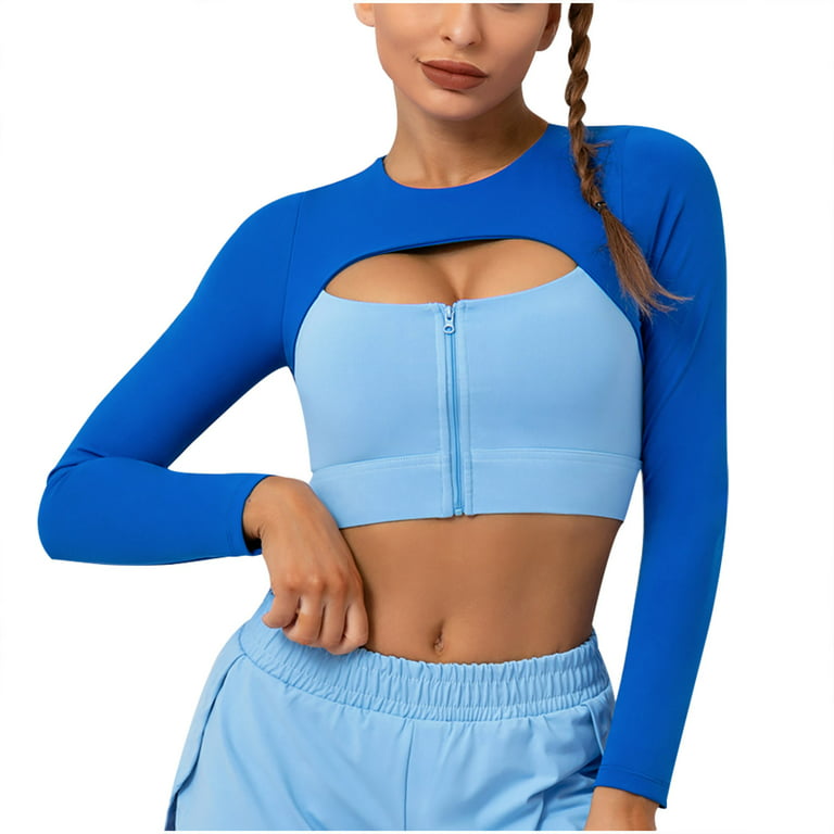 Womens Cutout Workout Crop Tops Zipper Front Long Sleeves Yoga Shirts Color  Block Stretch Slim Fit Gym Athletic Sports Shirts 