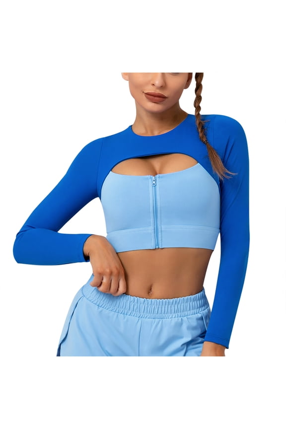 Womens Cutout Workout Crop Tops Zipper Front Long Sleeves Yoga Shirts Color Block Stretch Slim Fit Gym Athletic Sports Shirts