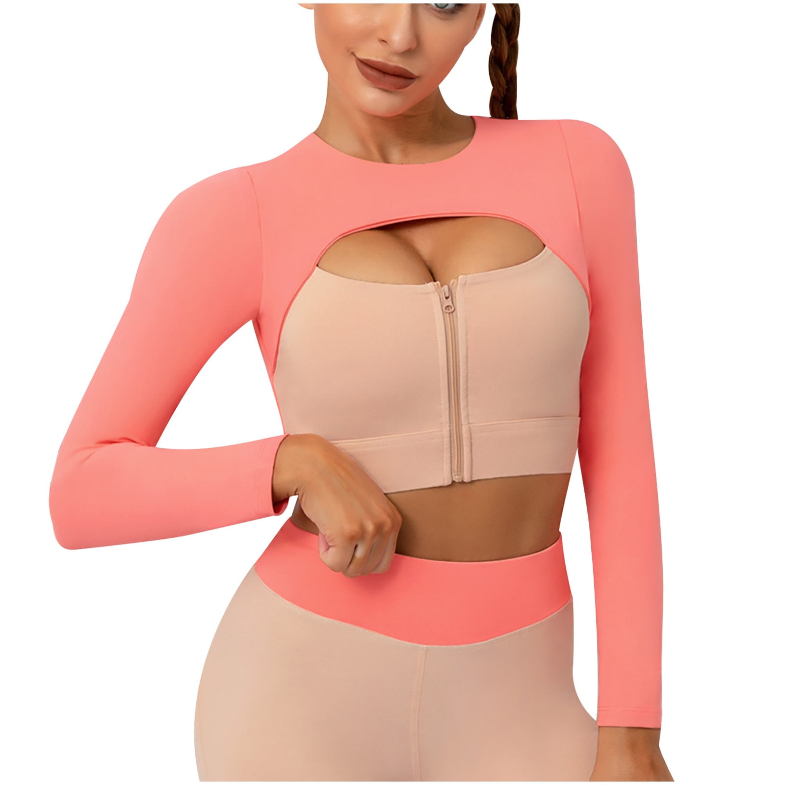 Womens Cutout Workout Crop Tops Zipper Front Long Sleeves Yoga Shirts Color  Block Stretch Slim Fit Gym Athletic Sports Shirts