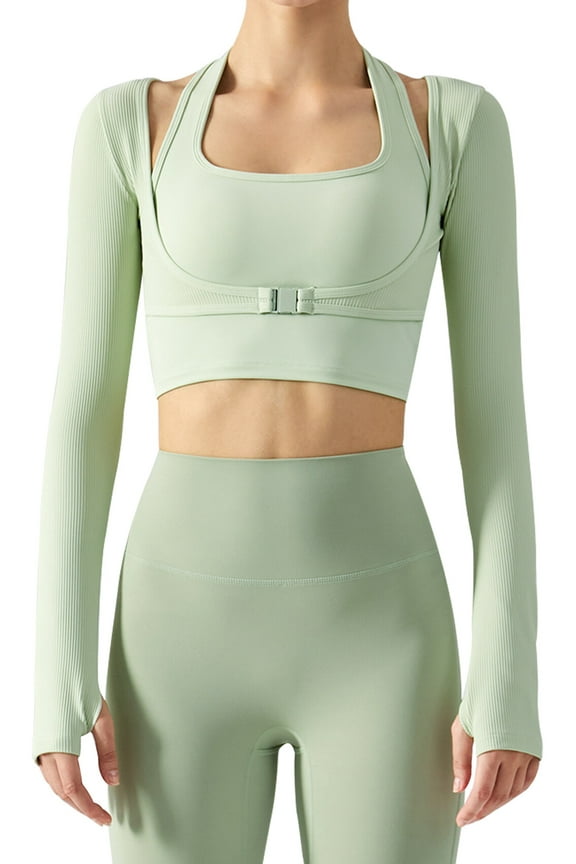 Womens Cutout Yoga Tops Sports Workout Crop Tops T Shirts Lady Long Sleeve Stretch Jacket Tee Halter Neck Thumb Holes Bra Sweatshirt with Removable Pad
