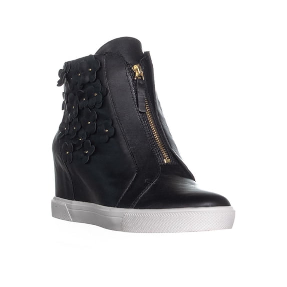 Womens DKNY Connie Wedge Sneaker Center Zip Pull On Sneakers, Black Black