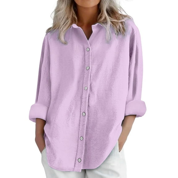 Womens Daily Casual Linen Shirts Long Sleeve Shirts Tops Casual Blouses Loose Fit Shirt Pink Women Blending Shirts Women Shirts(S)