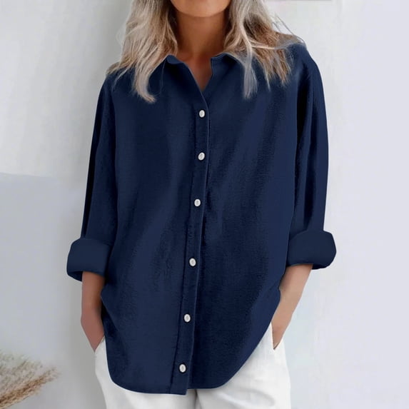 Womens Daily Casual Linen Shirts Long Sleeve Shirts Tops Casual Blouses Loose Fit Shirt
