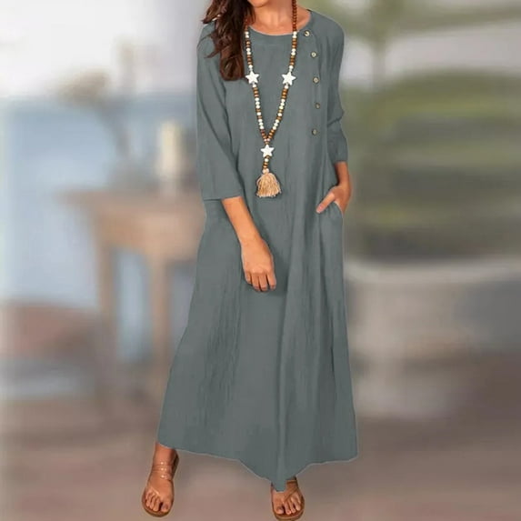 Womens Daily Casual Pockets Dress O Neck Loose Dress Solid Elegant Dress Summer Dresses Midi Length Swing Dress Dress for Women Junior V Neck Maxi Dress for Women Womens Summer Dress Dress Solid Color