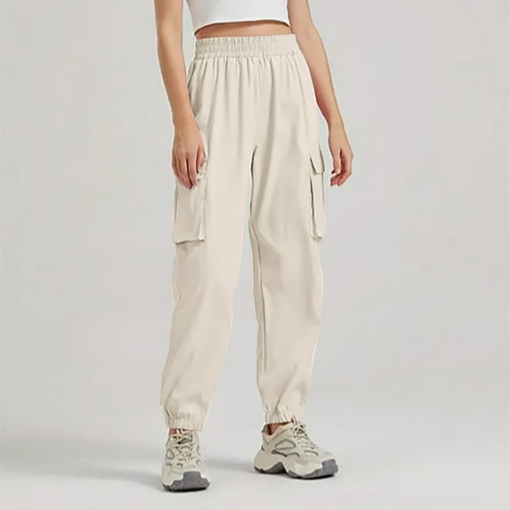 Womens Daily Casual Solid Color 4 Pockets Elastic Waist Pants Long Trousers Cargo Pants Dress Casual Pants for Women Womens Pants Casual Petite A Women Pants Women Pants Casual Workout Loose Womens