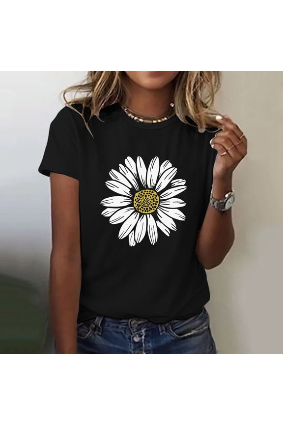 Womens Daily Casual Tops, Daisy Graphic Short Sleeve Crew Neck T Shirts Soft Cotton Loose Fit Breathable Summer Cute Floral Print Tees, Black XL