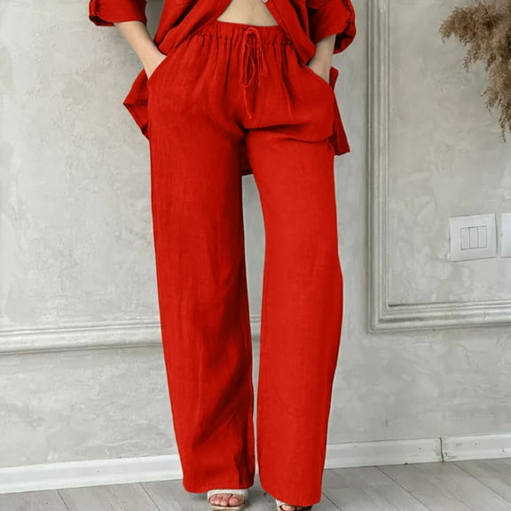 Womens Daily Elastic Waist Pockets Straight Solid Color Pants, Red S-5XL