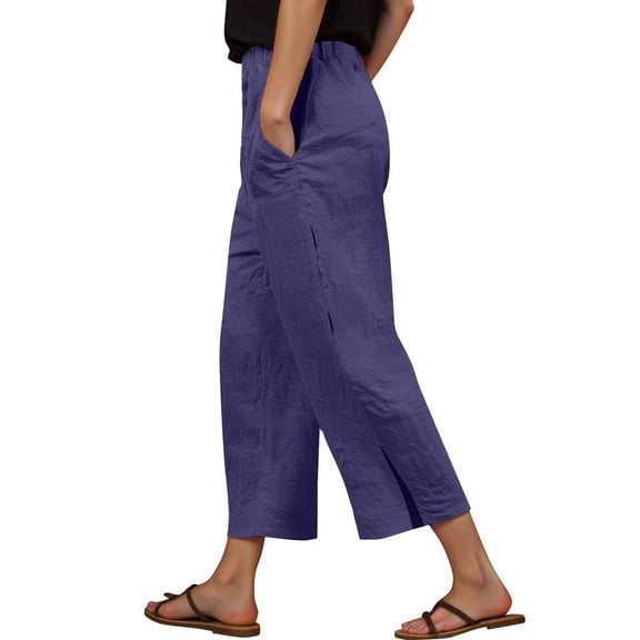 Womens Daily Elastic Waist Workout Trousers Solid Long Pants Loose Casual Pockets Trousers