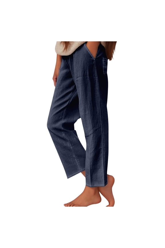 Womens Daily Elastic Waist Workout Trousers Solid Long Pants Loose Casual Pockets Trousers