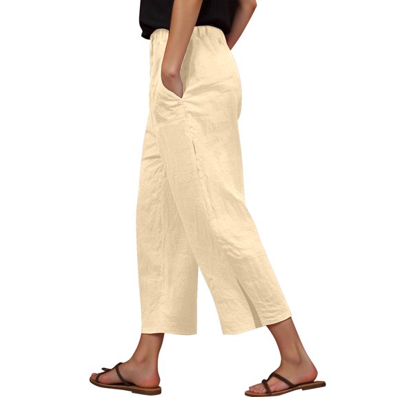 Womens Daily Elastic Waist Workout Trousers Solid Long Pants Loose Casual Pockets Trousers