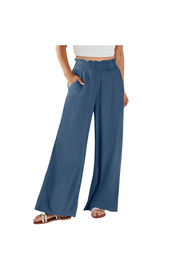 Womens Daily Elastic Waist Workout Trousers Solid Long Pants Loose Casual Pockets Trousers