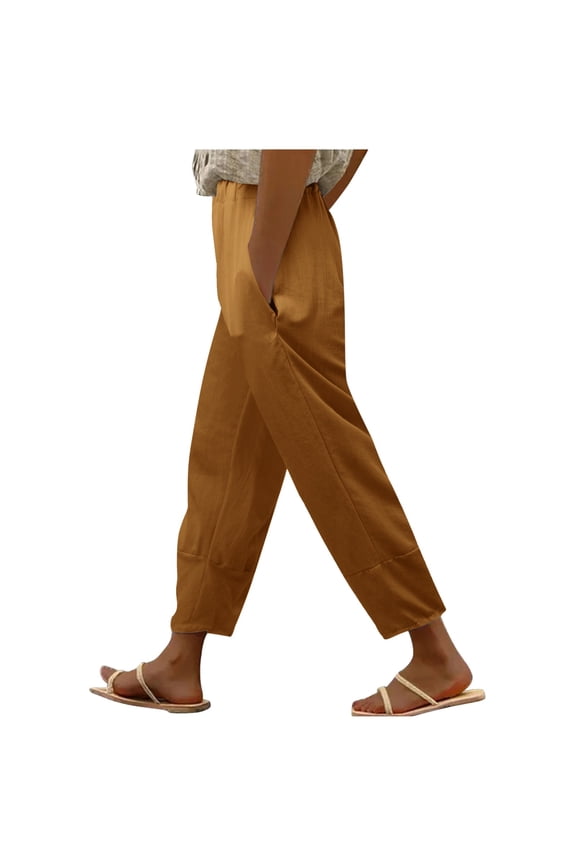 Womens Daily Elastic Waist Workout Trousers Solid Long Pants Loose Casual Trousers