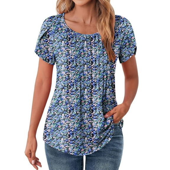 Womens Daily Flower Printed Casual Round Neck Pleated Line Chest Petal Short Sleeve T Shirt Top Blouse