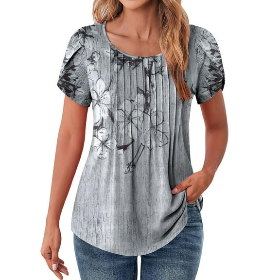 Womens Daily Flower Printed Casual Round Neck Pleated Line Chest Petal Short Sleeve T Shirt Top Blouse