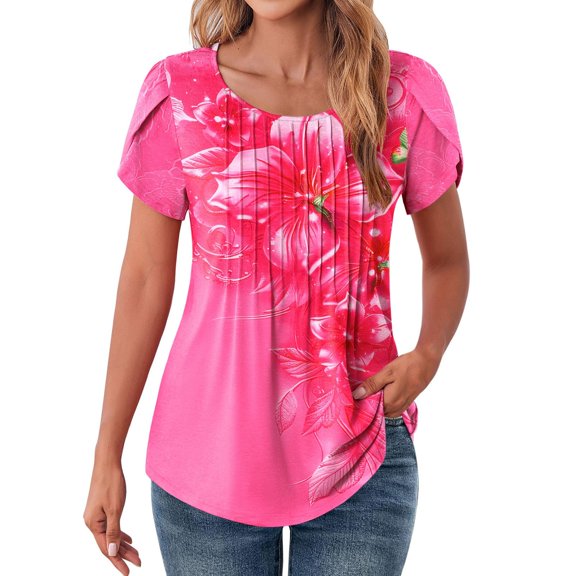 Womens Daily Flower Printed Casual Round Neck Pleated Line Chest Petal Short Sleeve T Shirt Top Blouse