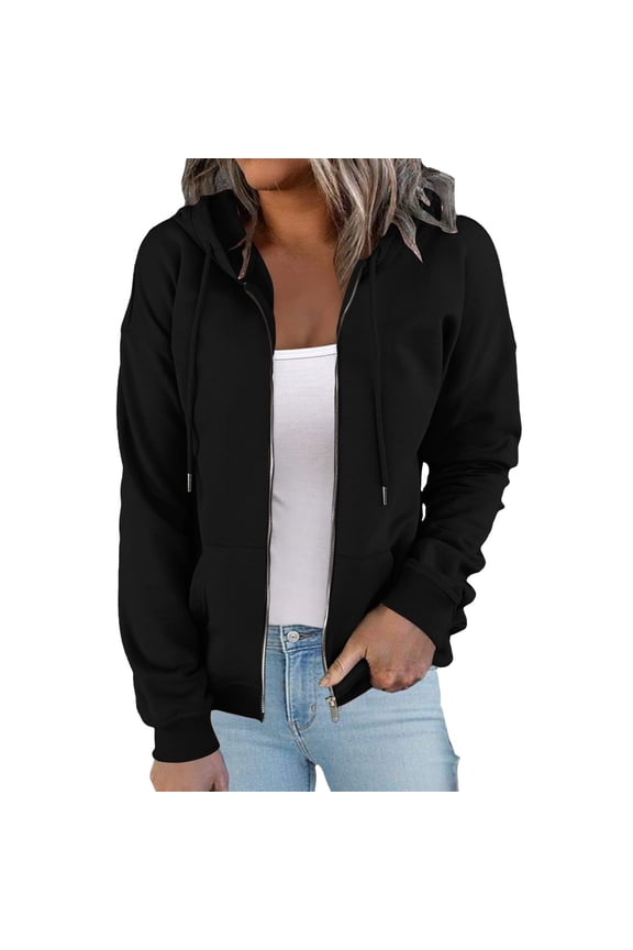 Womens Daily Full Zip Hoodie V Neck Drawstring Pullover Long Sleeve Pocketed Sweatshirt Jacket Black