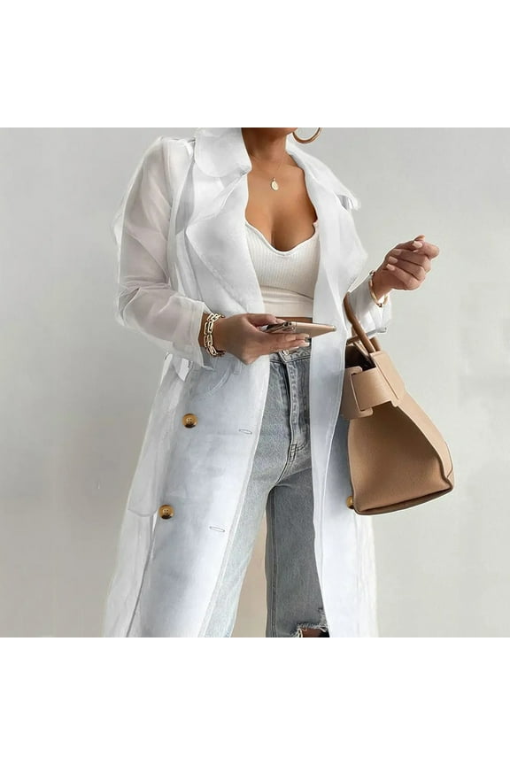 Womens Daily Sun Protection Clothing Every Wearing Sheer Mesh Long Sleeve Buttoned Coat With Belt