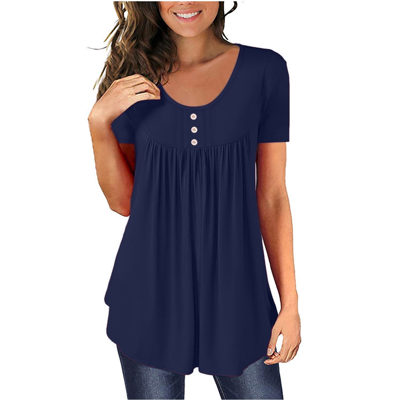 Women's Round Neck Daily Wear Shirts Hide Belly Fat Cute Summer Solid Color  Tunic Tops Buttons Regular Sleeve Loose Fit Short Sleeve Blouses Blusas 