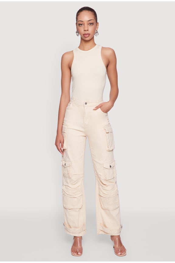 Women's Daisy Acid Wash High Waisted Wide Leg Cargo Jeans