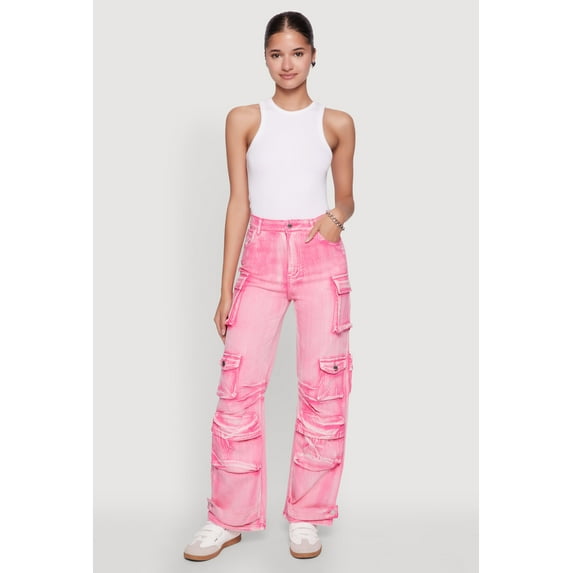 Womens Daisy Acid Wash High Waisted Wide Leg Cargo Pants