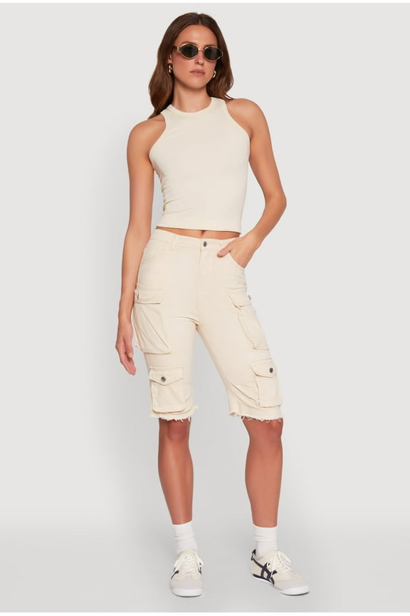 Womens Daisy Acid Wash Raw Hem Utility Bermuda Shorts