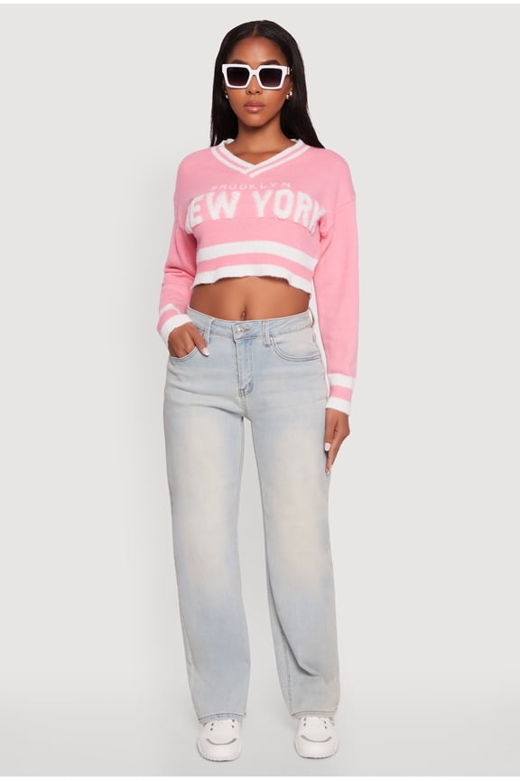 Womens Daisy Chenille New York Graphic Cropped Sweater