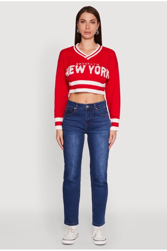 Womens Daisy Chenille New York Graphic Cropped Sweater