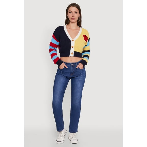 Womens Daisy Color Block Patch Cropped Button Front Cardigan