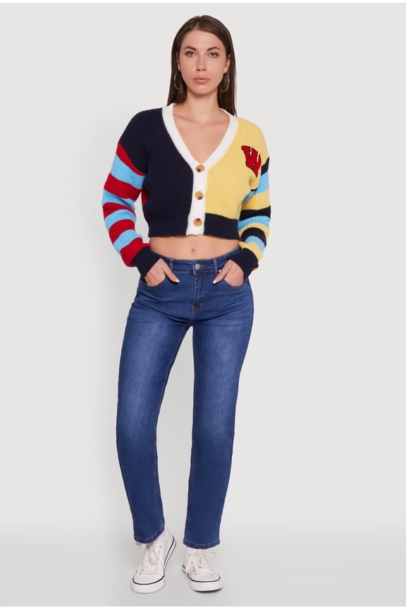 Womens Daisy Color Block Patch Cropped Button Front Cardigan