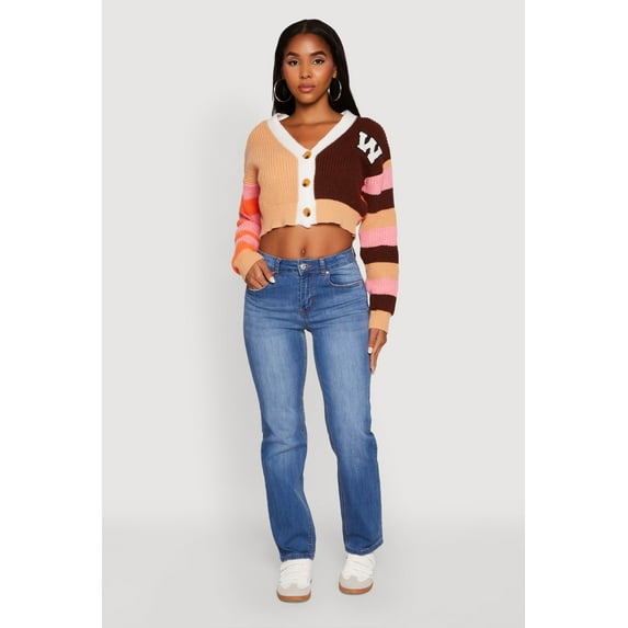 Womens Daisy Color Block Patch Cropped Button Front Cardigan