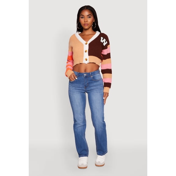 Womens Daisy Color Block Patch Cropped Button Front Cardigan