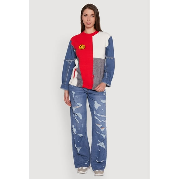 Womens Daisy Color Blocked Denim Sleeve Sweater