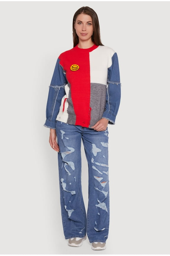 Womens Daisy Color Blocked Denim Sleeve Sweater