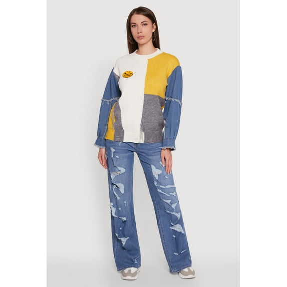 Womens Daisy Color Blocked Denim Sleeve Sweater