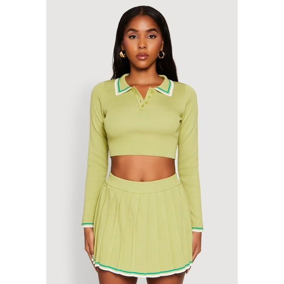 Womens Daisy Contrast Trim Cropped Long Sleeve Polo Shirt