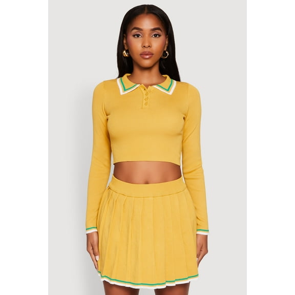 Womens Daisy Contrast Trim Cropped Long Sleeve Polo Shirt